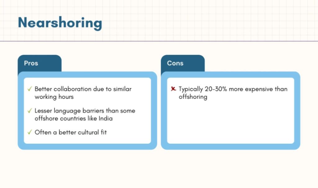 List of Pros and Cons in Nearshoring Software Development Strategy separated by a table