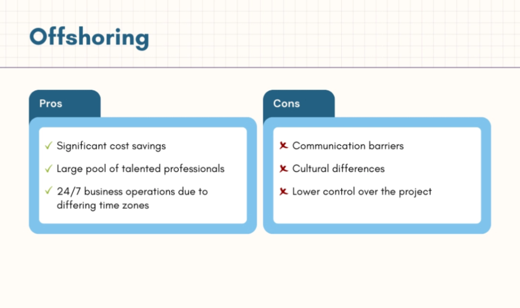 List of Pros and Cons in Offshoring Software Development Strategy separated by a table