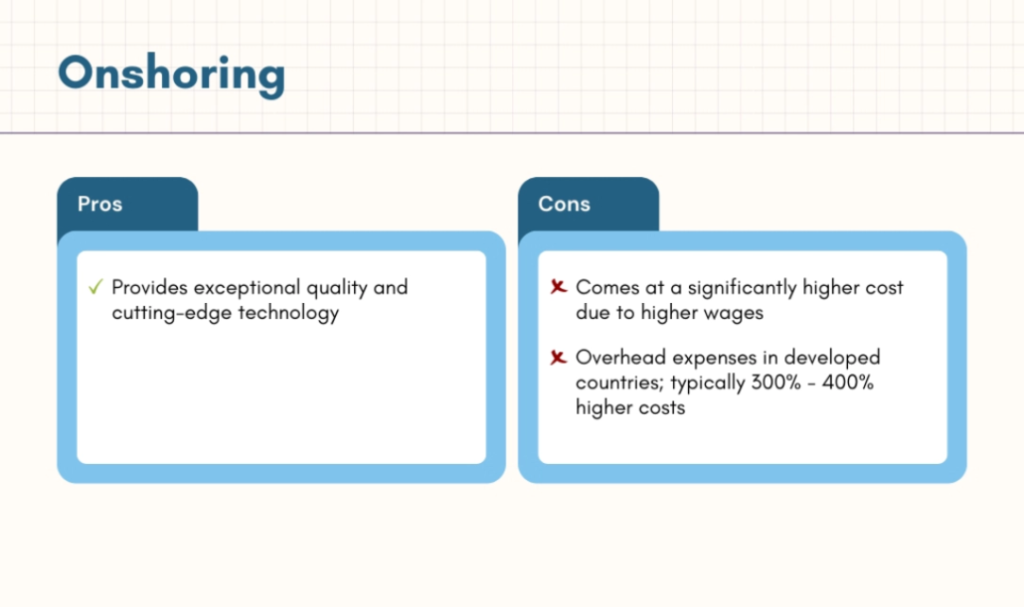 List of Pros and Cons in Onshoring Software Development Strategy separated by a table