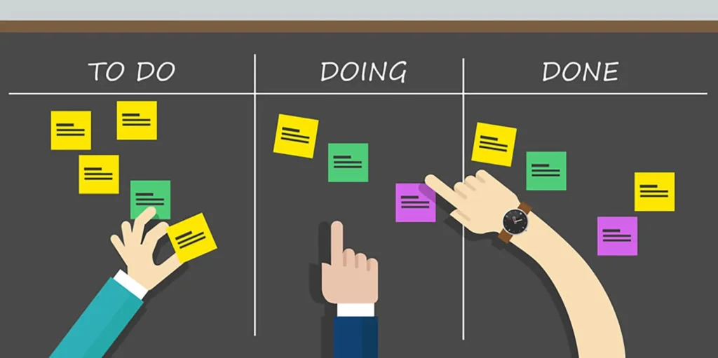 An illustration of task management board. Divided into three columns : "To do", "Doing", and "Done"