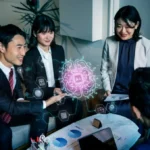 business professionals collaborating around a table, utilizing a digital interface powered by AI technology