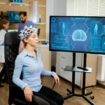 A woman with a wearable device on her head that collects health data in real-time